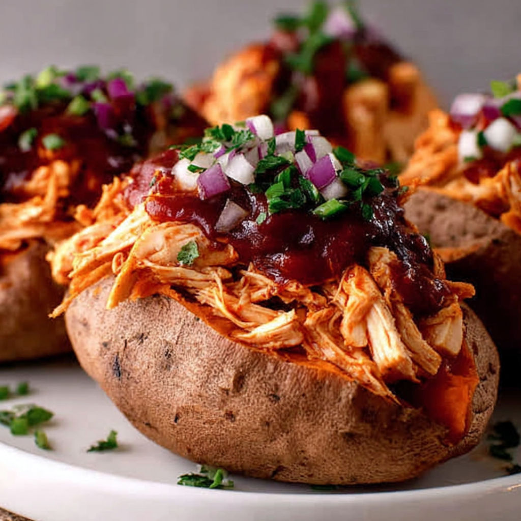 A plate of stuffed sweet potatoes with BBQ chicken.