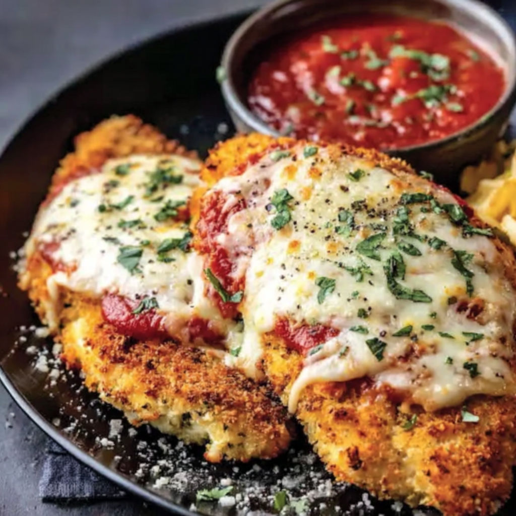 A plate of chicken parmesan with marinara sauce.