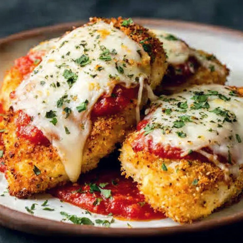 A plate of chicken parmesan with cheese and tomato sauce.