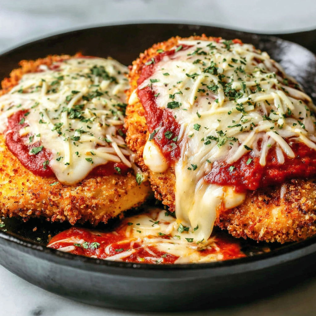 A plate of chicken parmesan with cheese and sauce.