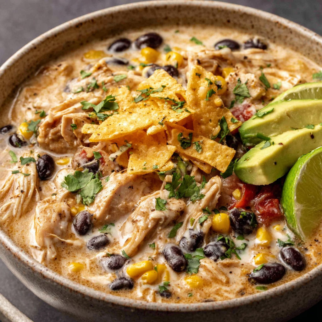 A bowl of chicken chili with a tortilla chip on top.
