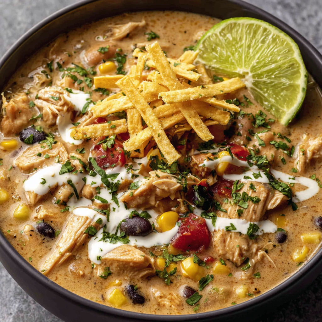 A bowl of chicken chili with a dollop of cream cheese on top.