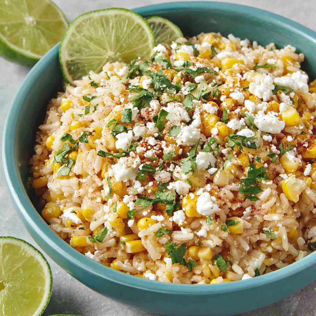 A bowl of Mexican corn rice with elote cream and cotija cheese.