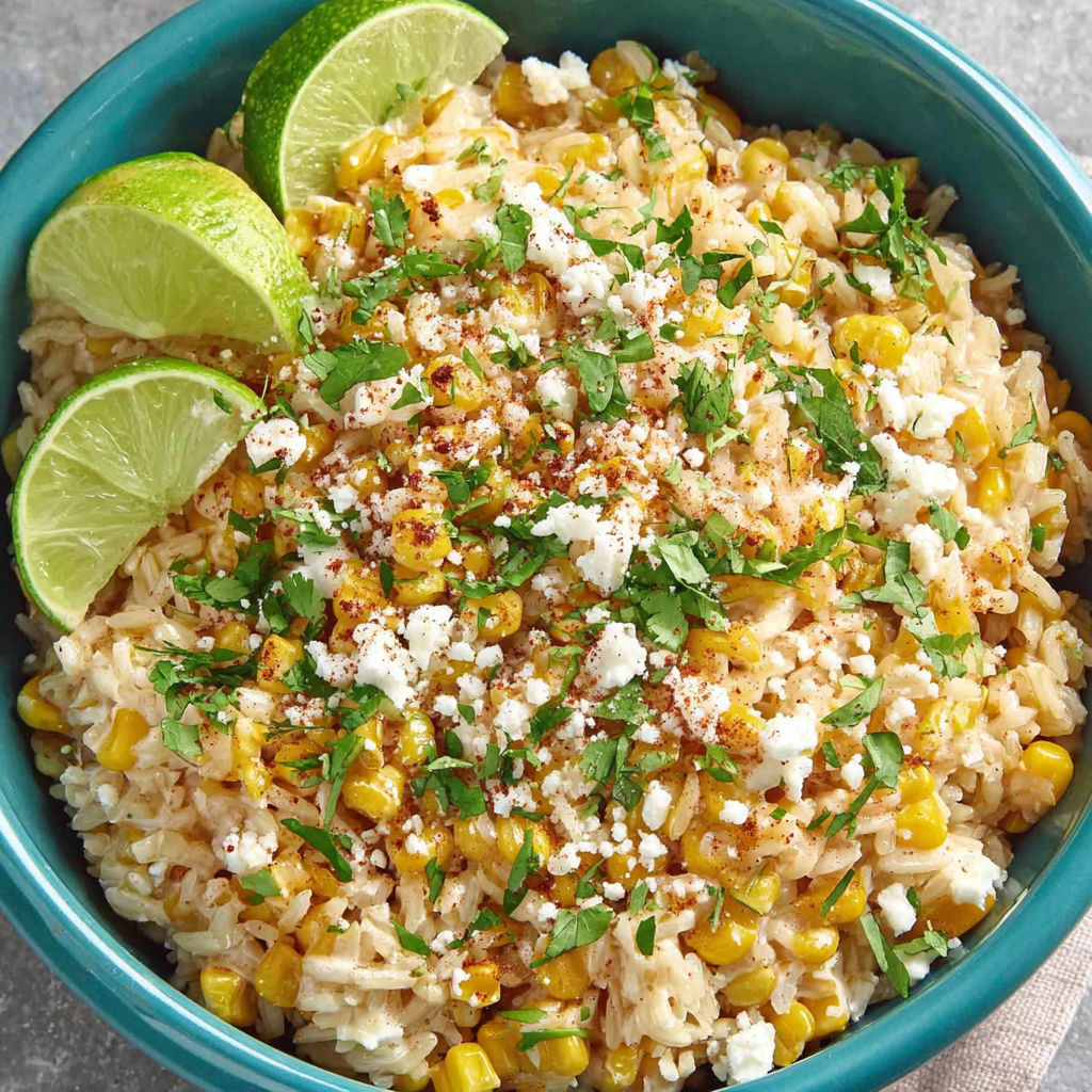 A bowl of Mexican corn rice with elote cream and cotija cheese.