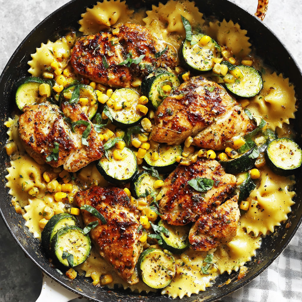A pan of chicken with zucchini and corn.