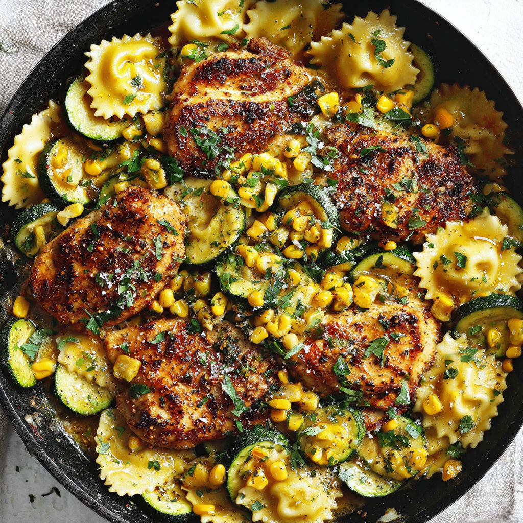 A plate of food with chicken, zucchini, and pasta.