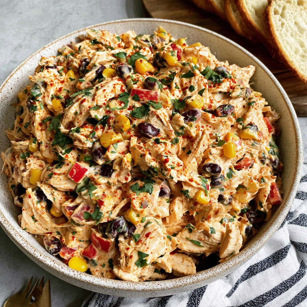 A bowl of chicken salad with a variety of vegetables.