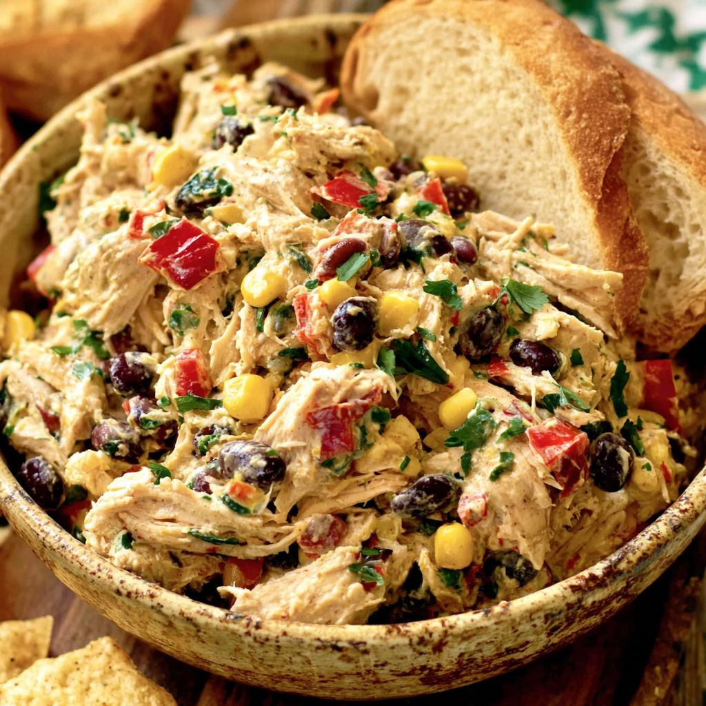 A bowl of chicken salad with a slice of bread.