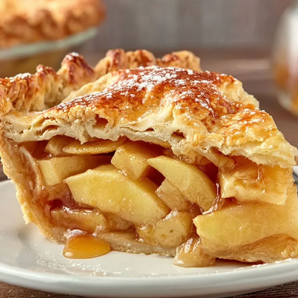 A slice of apple pie on a white plate.
