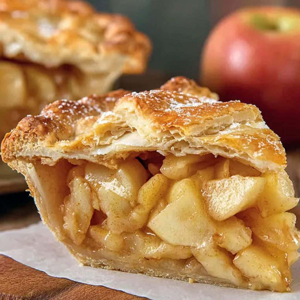 A slice of apple pie on a table.