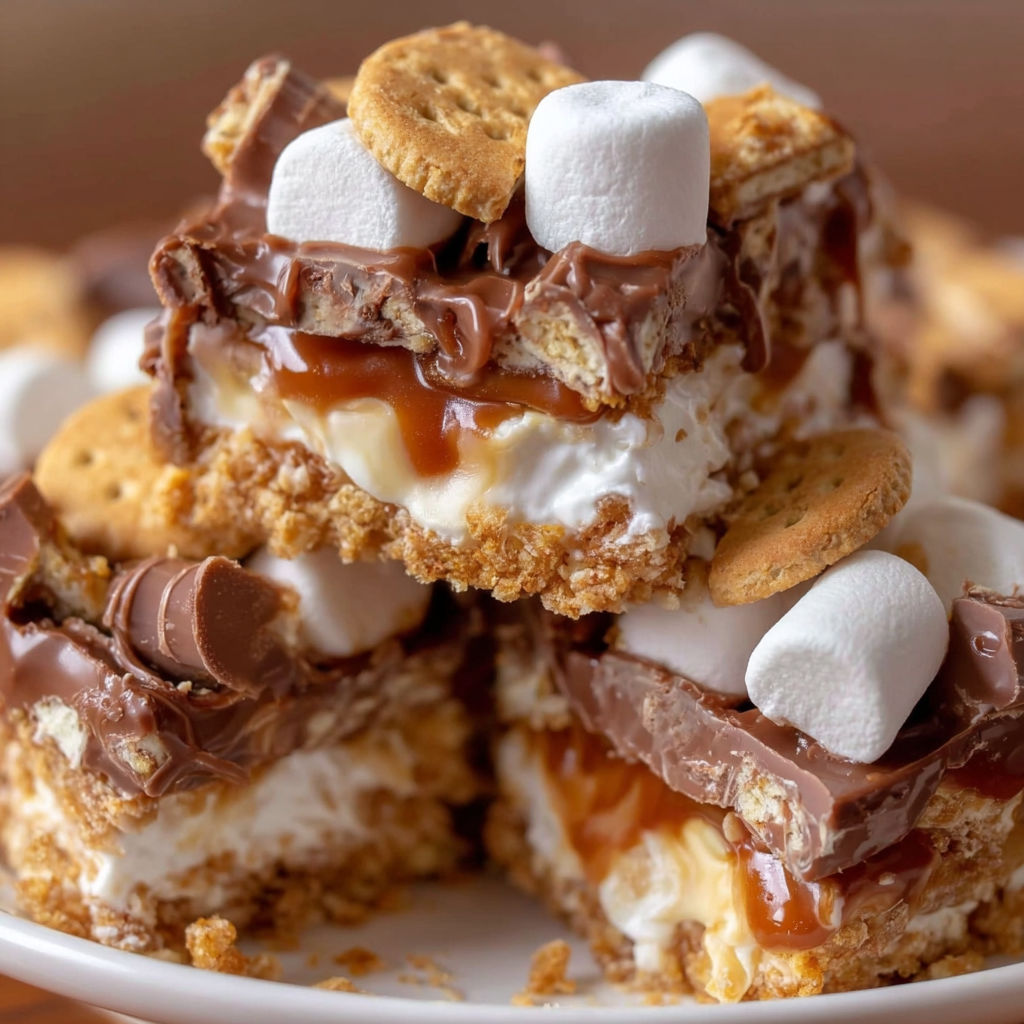 A plate of Rolo Ritz Marshmallow Treats.