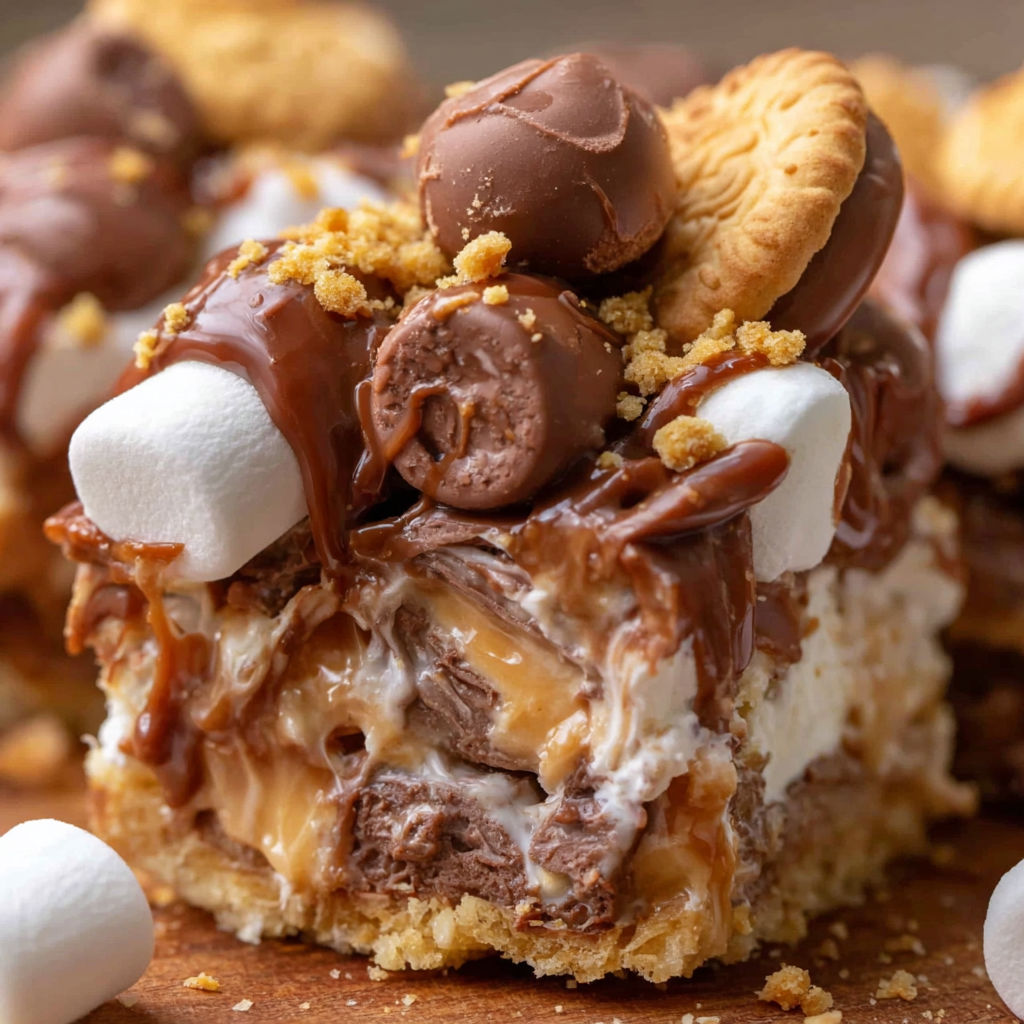 A close up of a Rolo Ritz Marshmallow Treat.