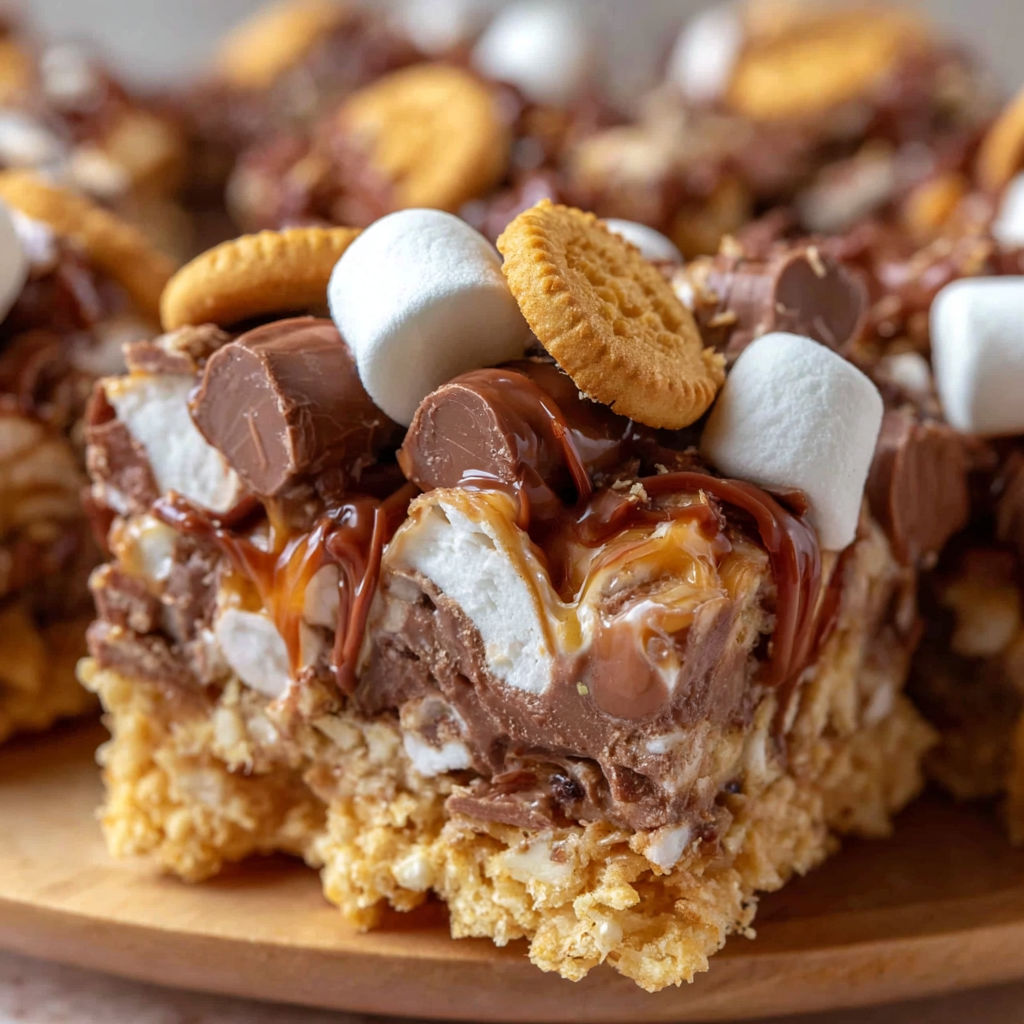 A close up of a Rolo Ritz Marshmallow Treats.