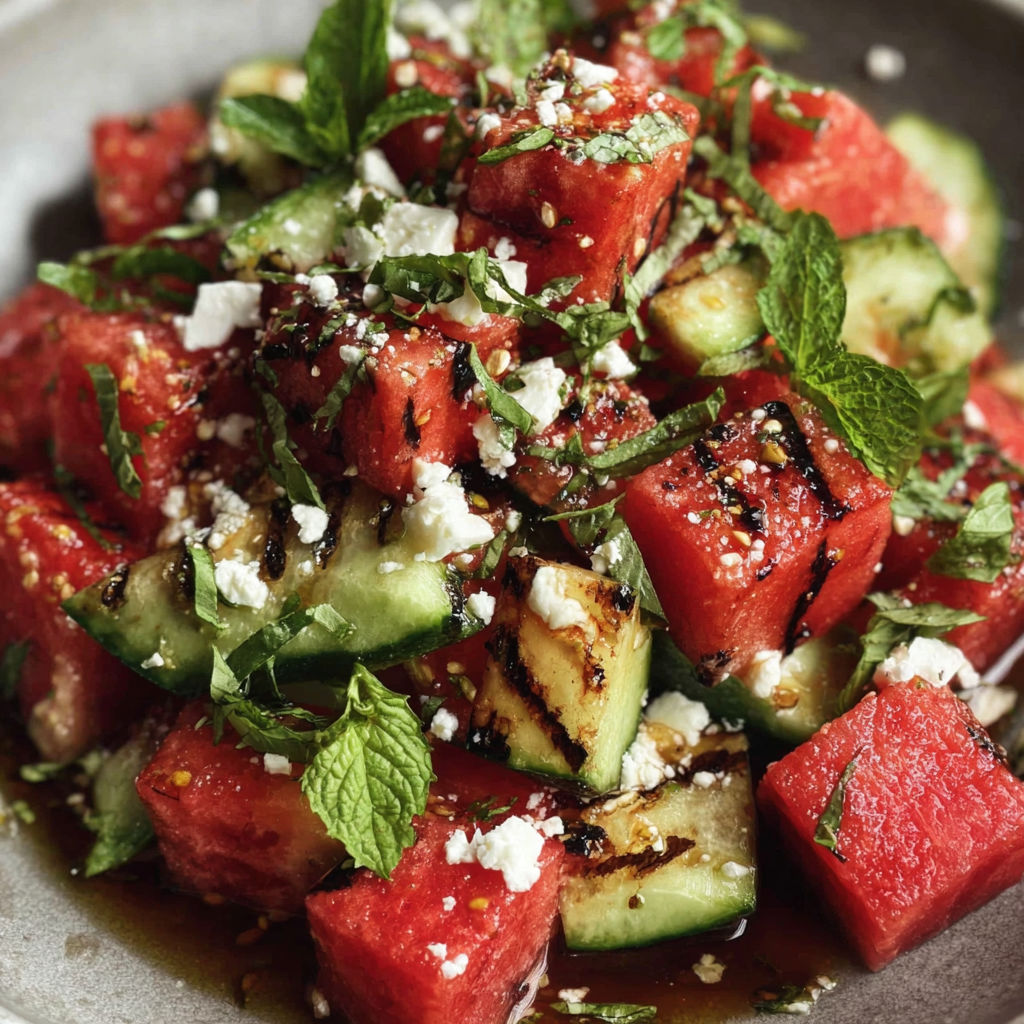A grilled watermelon vegan feta salad.