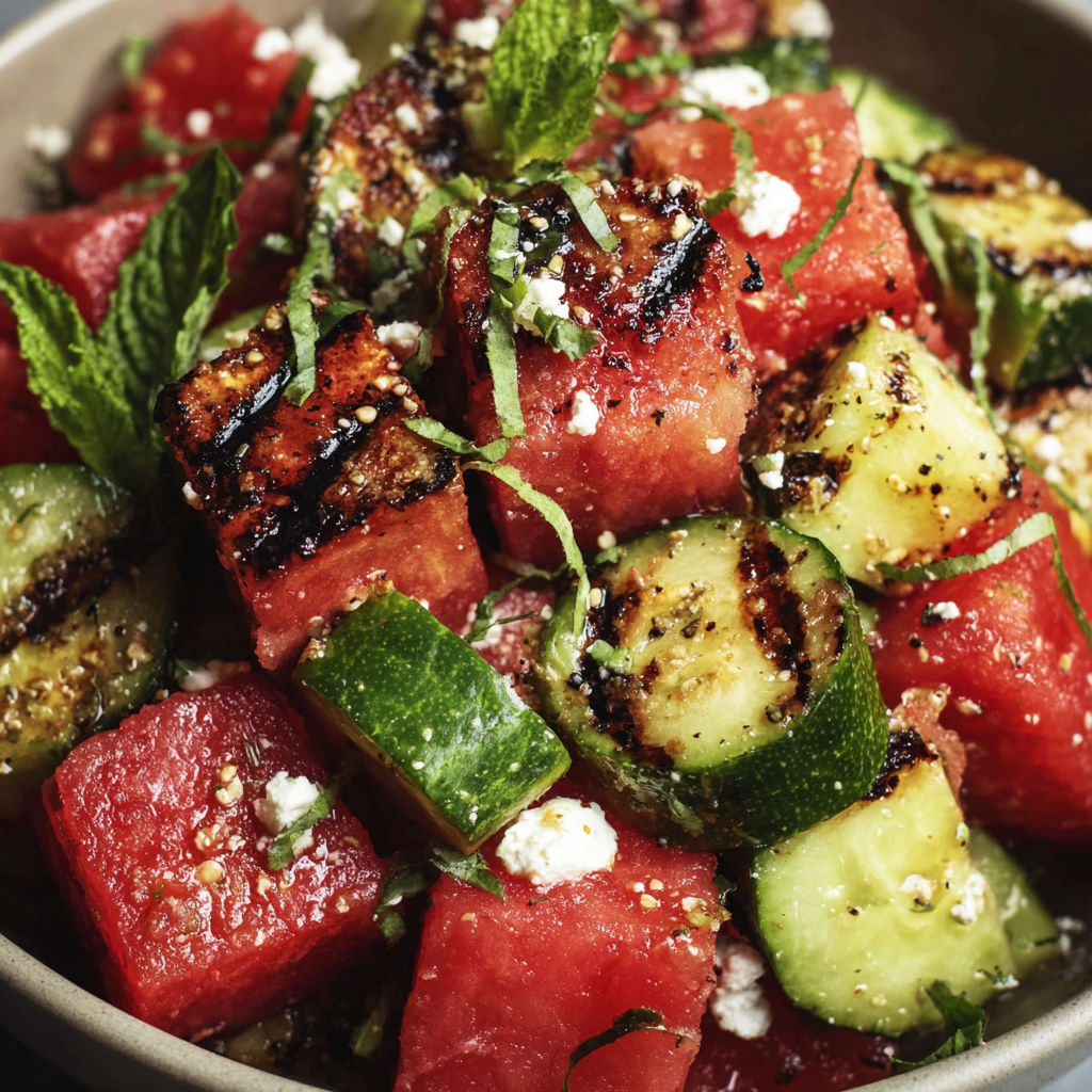 A bowl of grilled watermelon vegan feta salad.