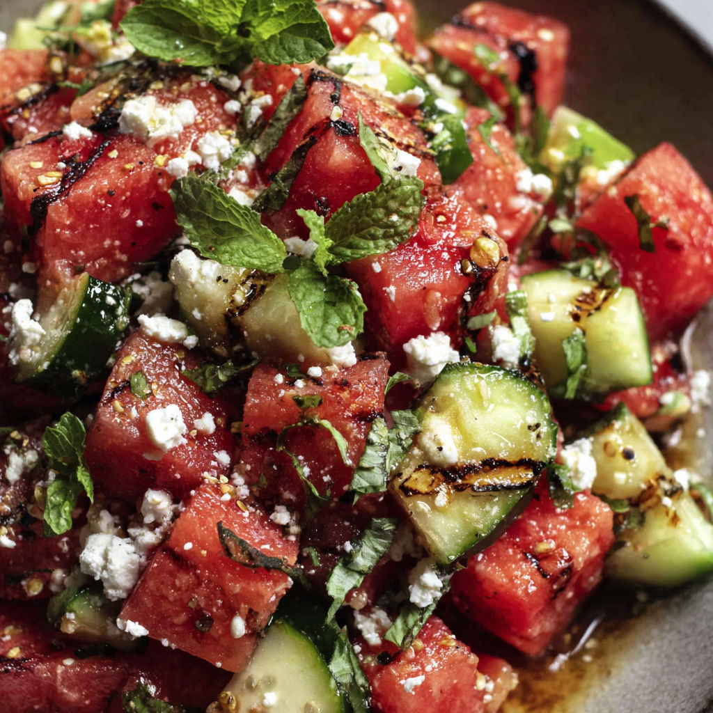 A grilled watermelon vegan feta salad.
