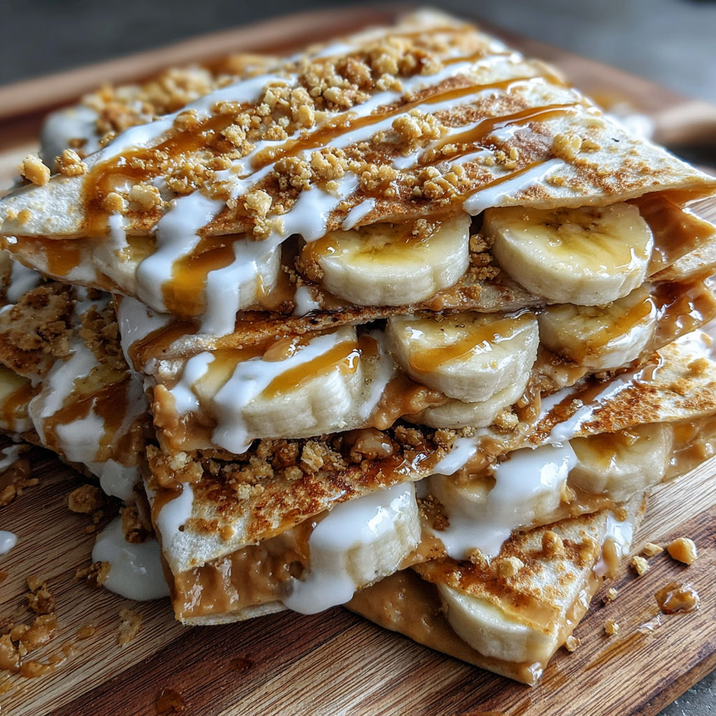 A stack of peanut butter and banana quesadillas.