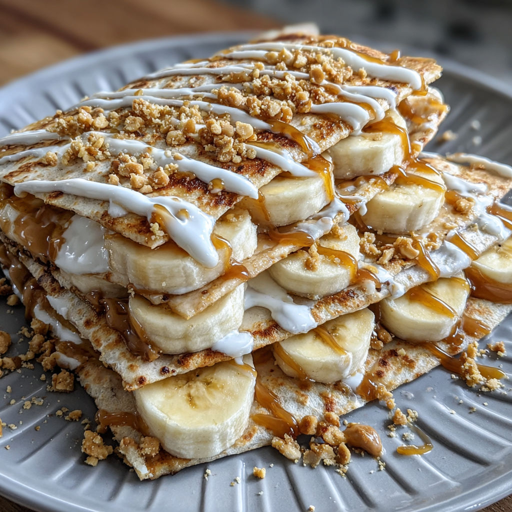 A stack of peanut butter and banana quesadillas.