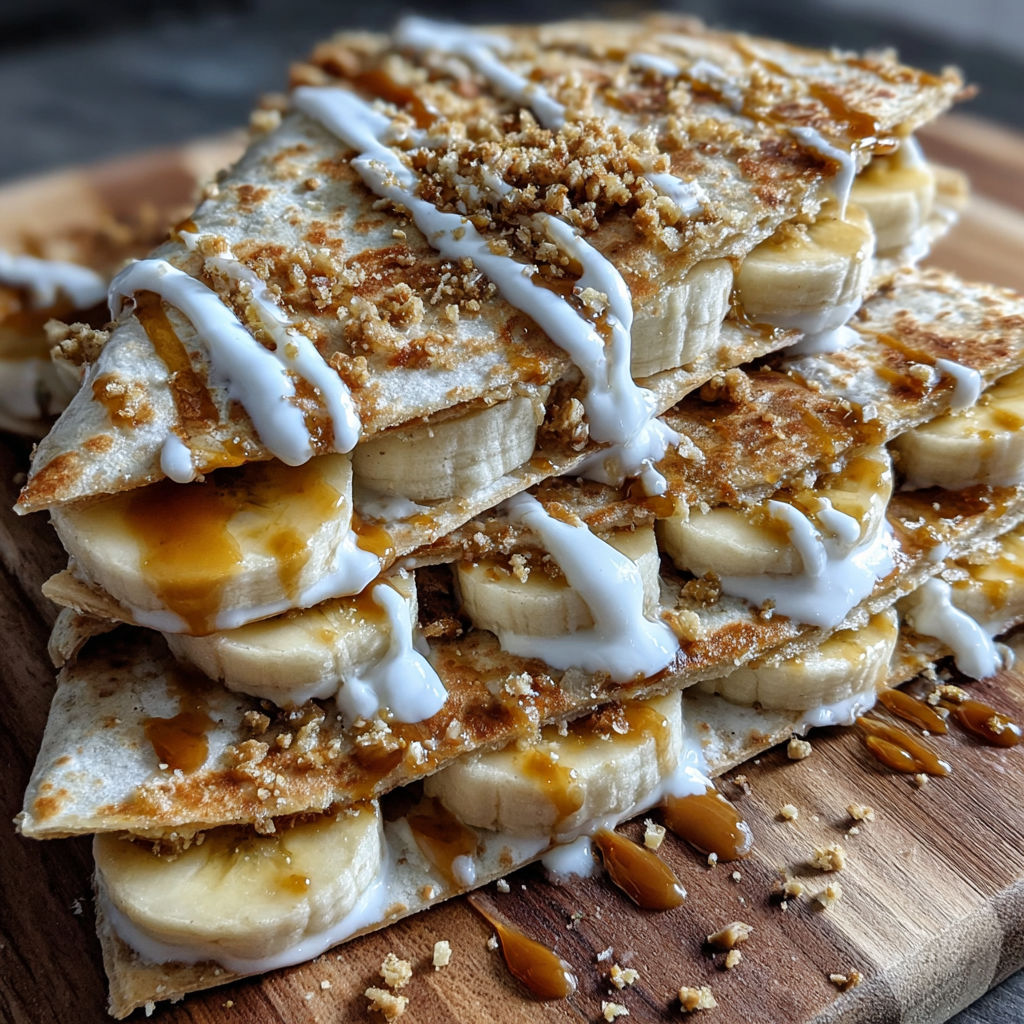 A stack of banana and peanut butter quesadillas.