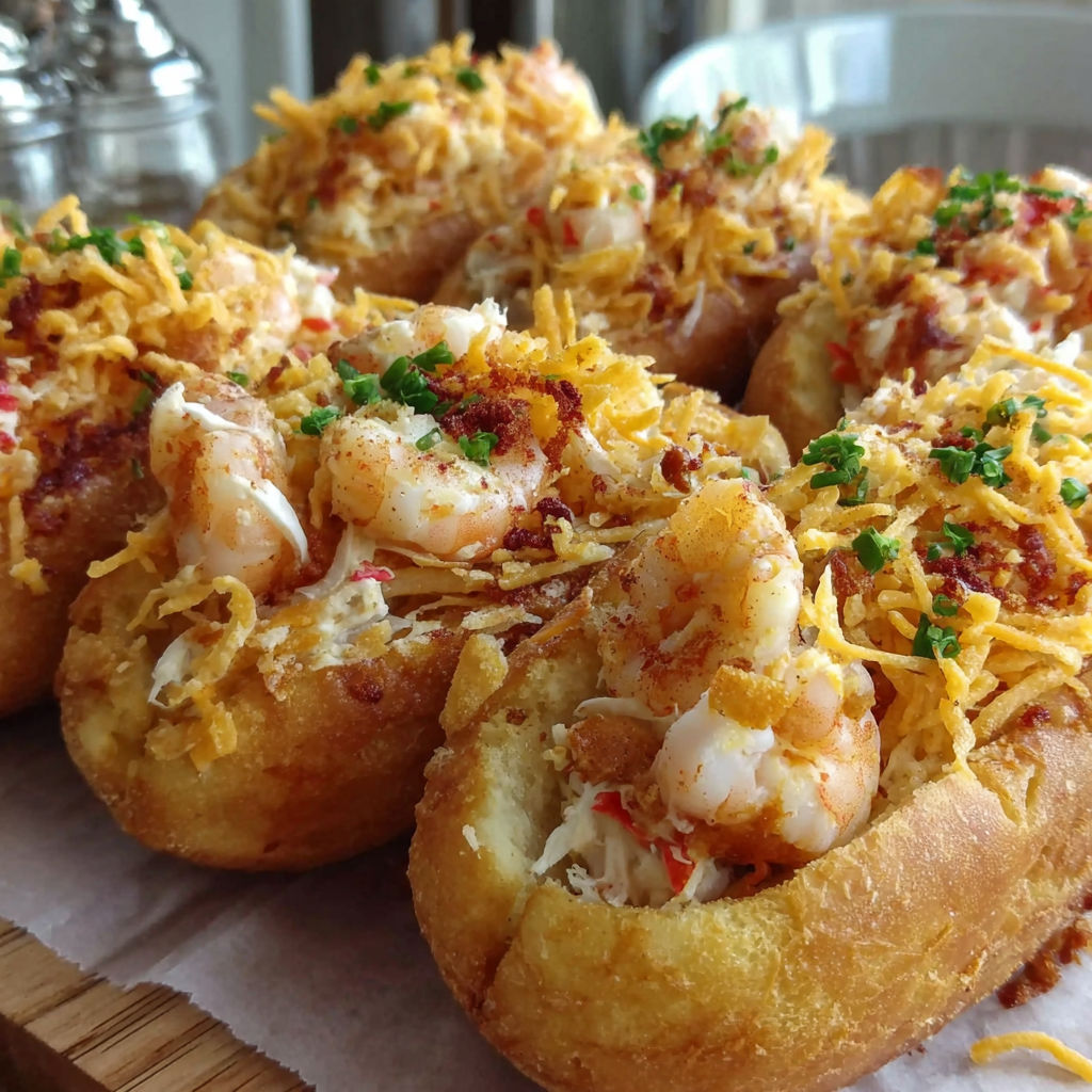 A plate of food with shrimp and cheese.