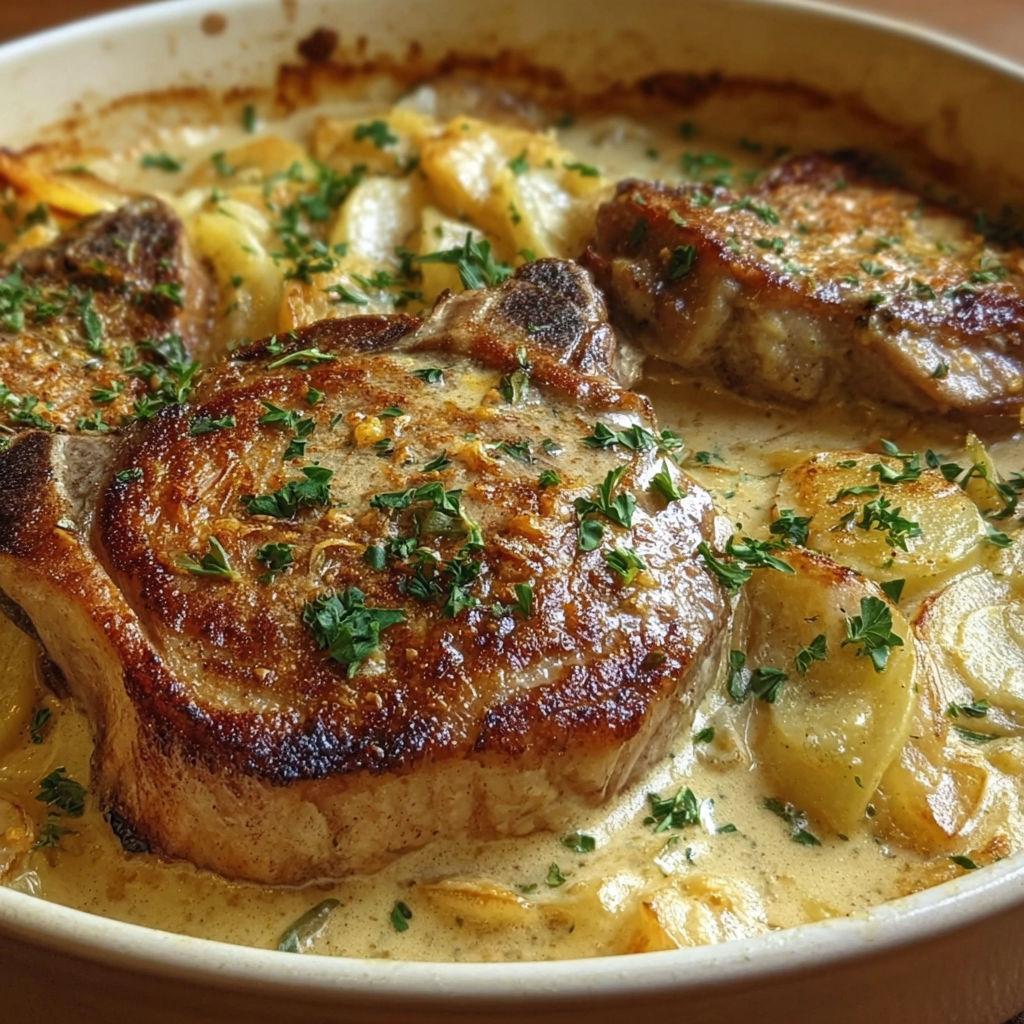 A dish of pork chops and scalloped potatoes.