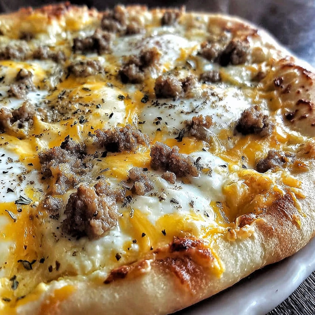 A biscuits and sausage gravy breakfast pizza.