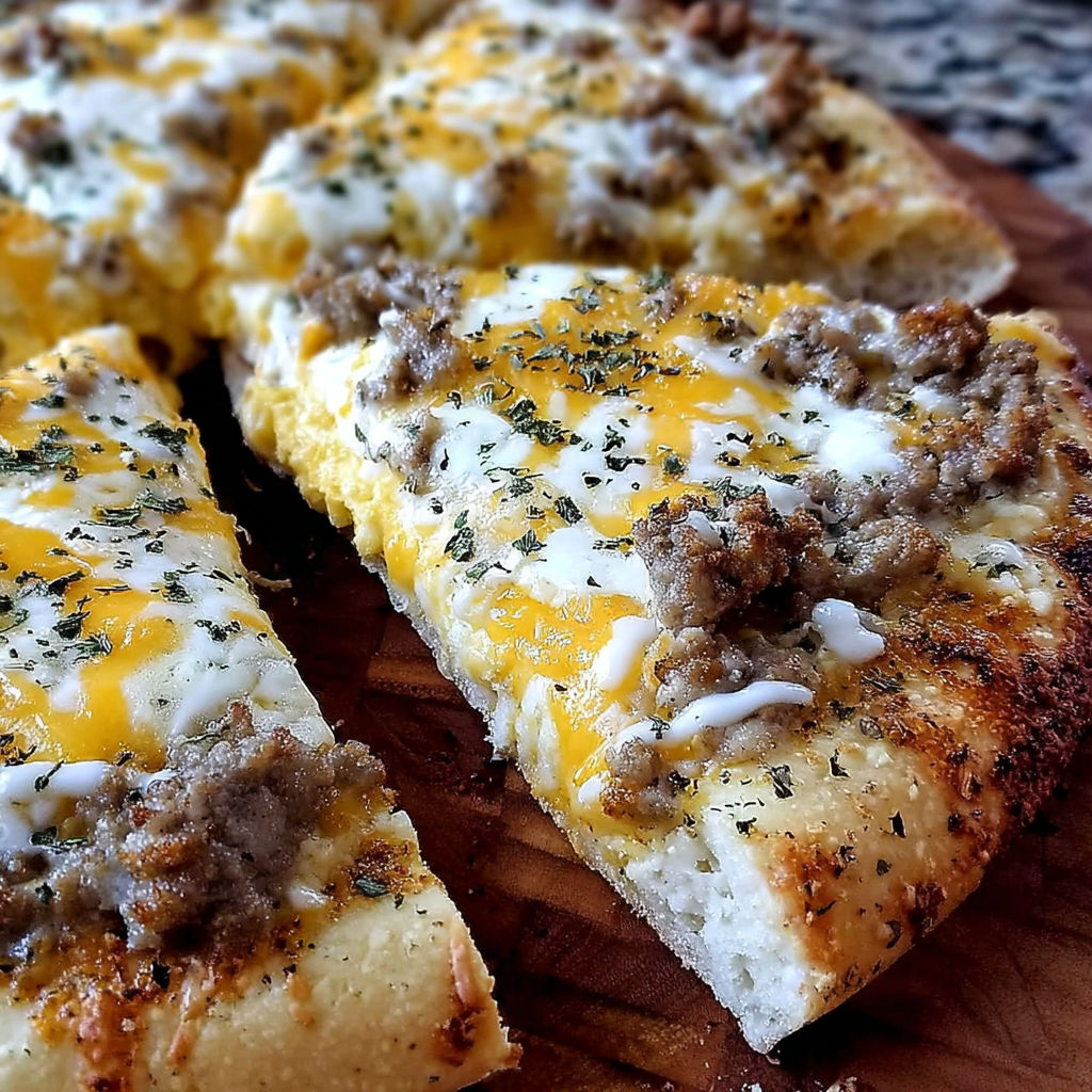 A slice of pizza with cheese and sausage on a wooden cutting board.