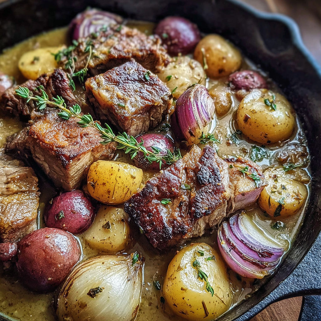 A pot of meat and vegetables.