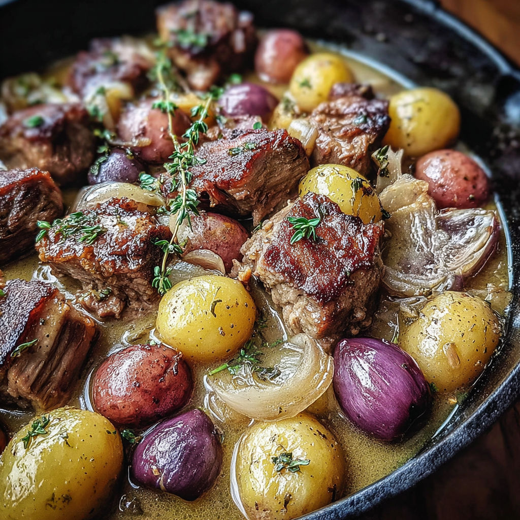 A bowl of meat and potatoes.