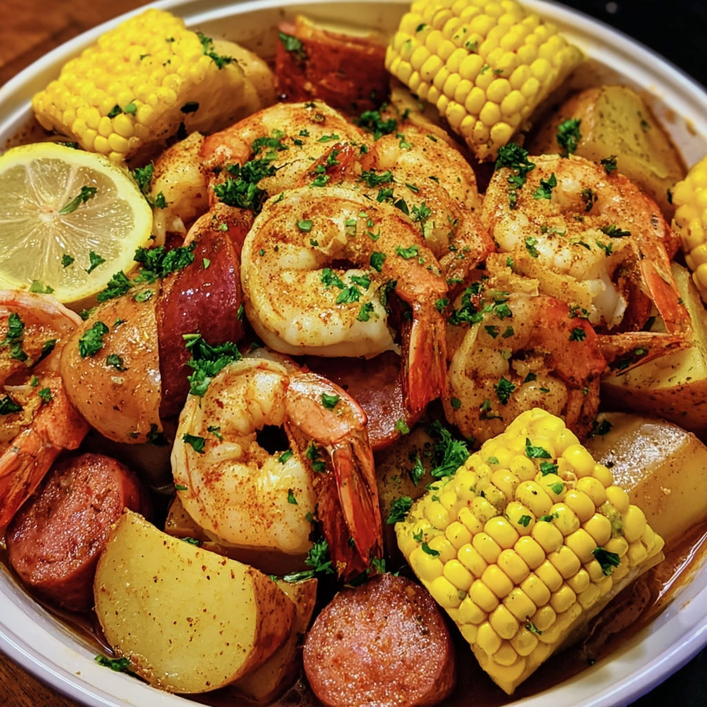 A bowl of shrimp, corn, and potatoes.
