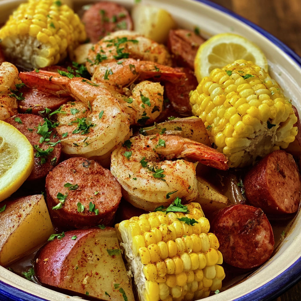 A bowl of shrimp, corn, and potatoes.