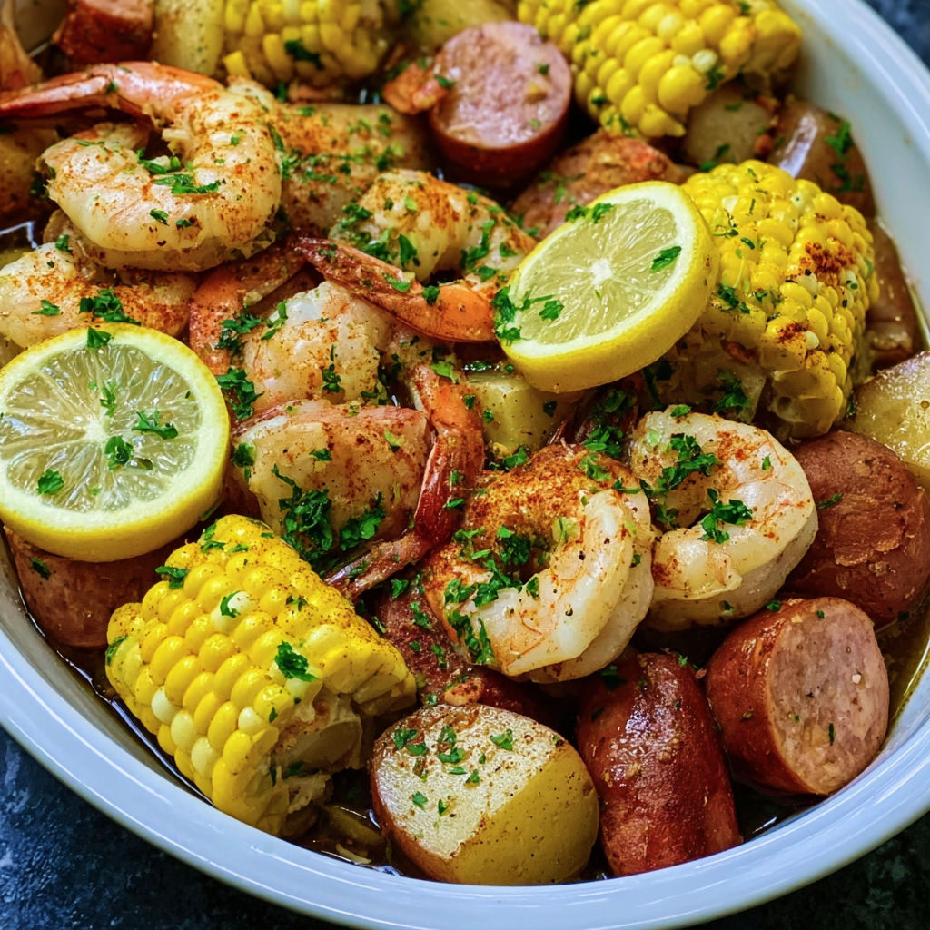 A bowl of shrimp and vegetables.