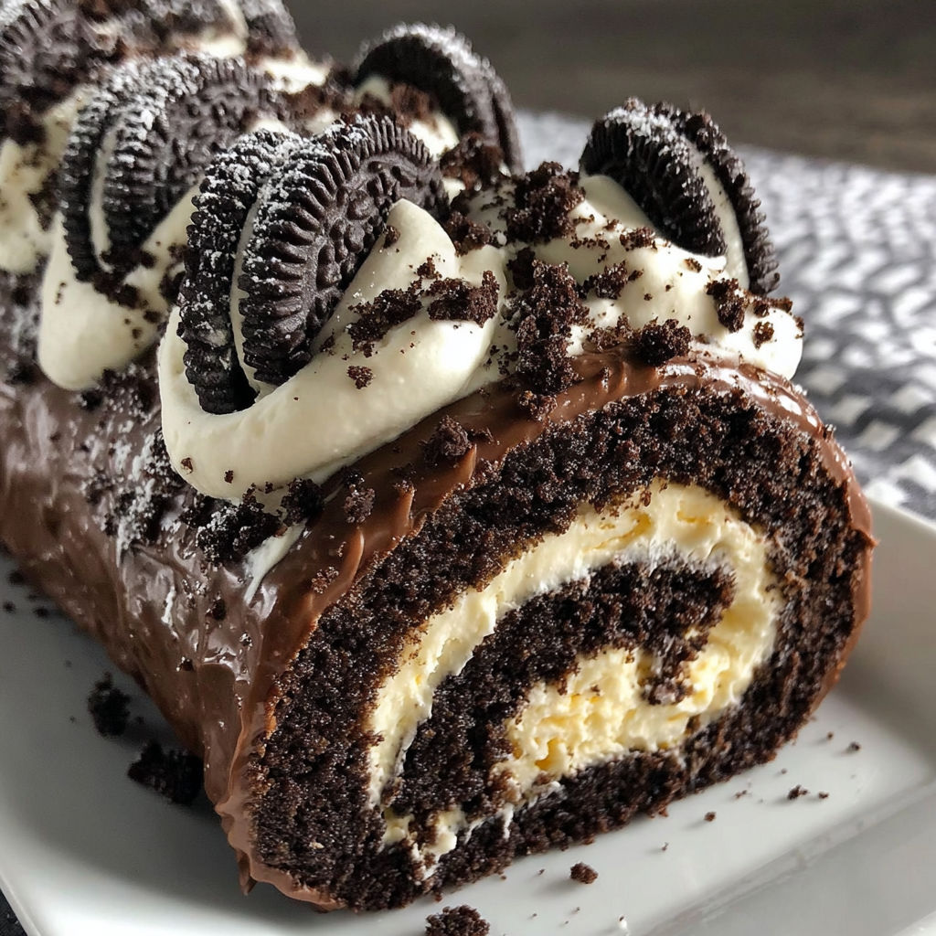 A chocolate roll with white cream and oreos.