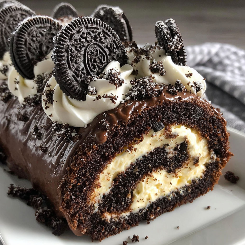 A chocolate cake with white icing and black and white cookies on top.