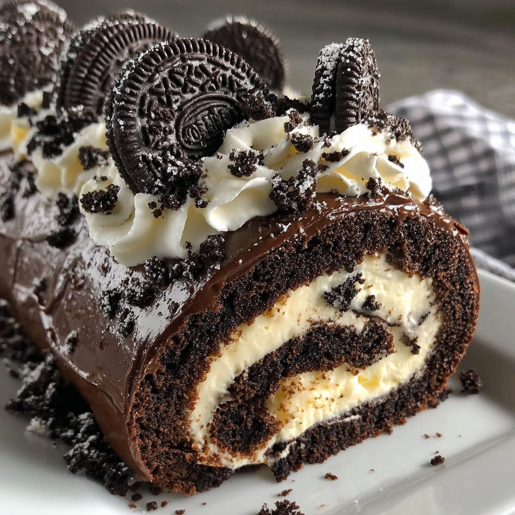 A chocolate cake with white frosting and Oreo cookies on top.