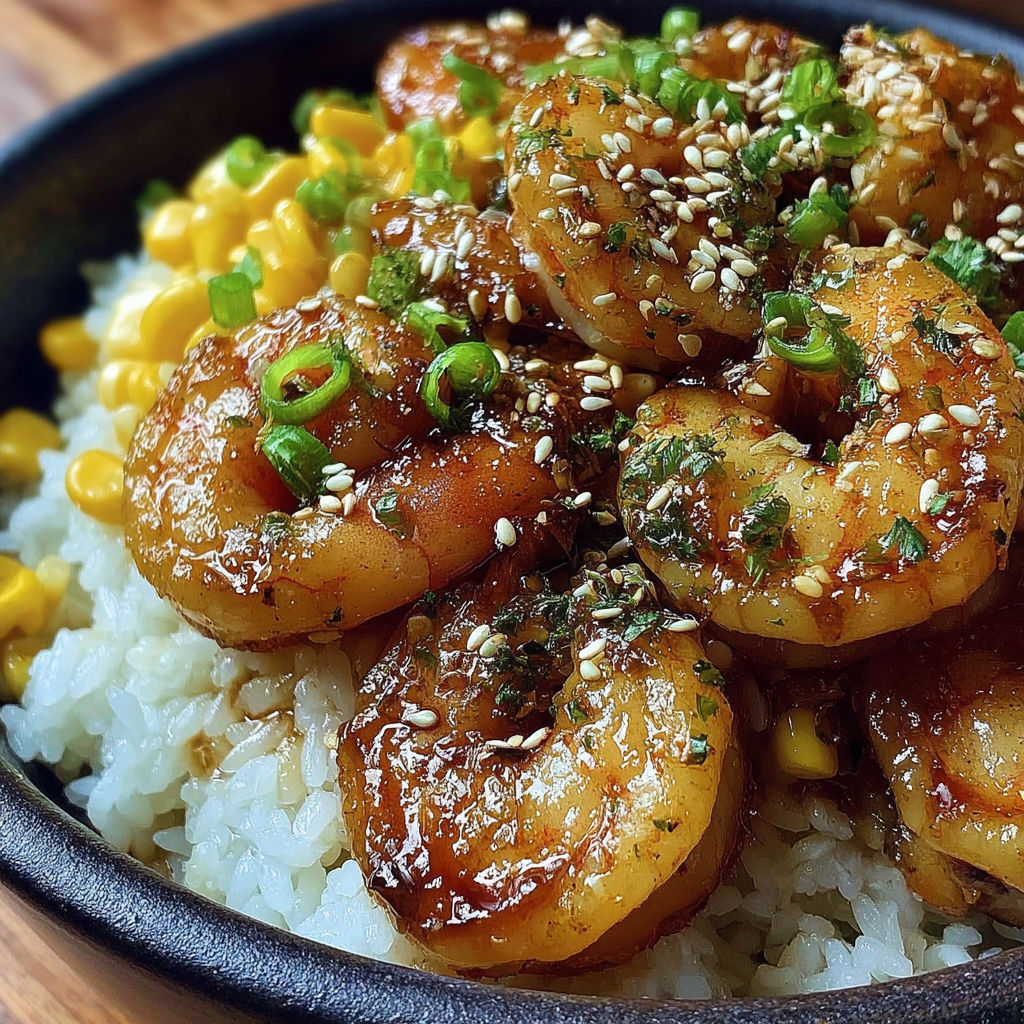 A bowl of shrimp and rice with a green garnish.