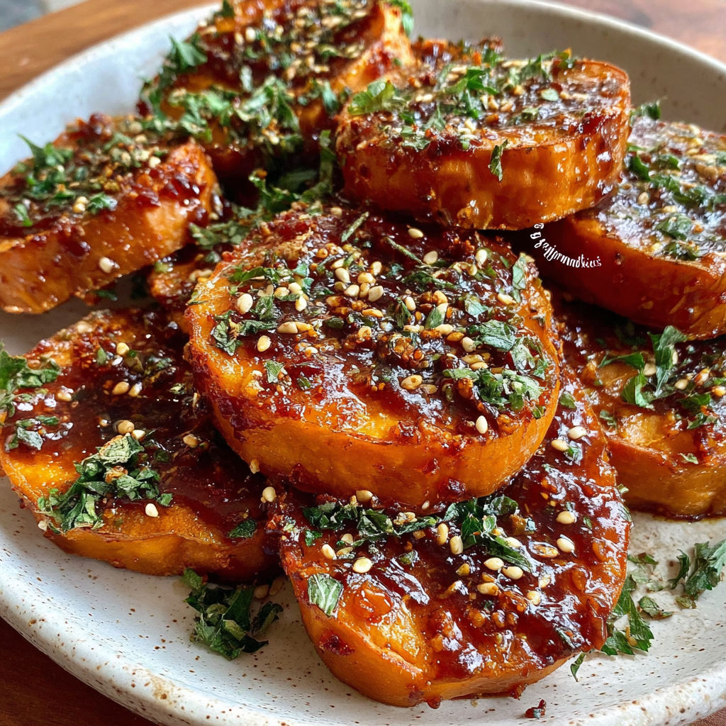 A plate of honey chili smashed sweet potatoes.