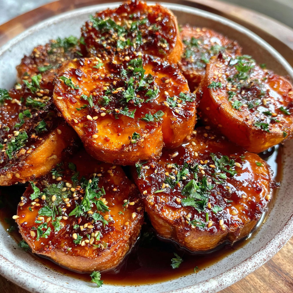 A bowl of honey chili smashed sweet potatoes.
