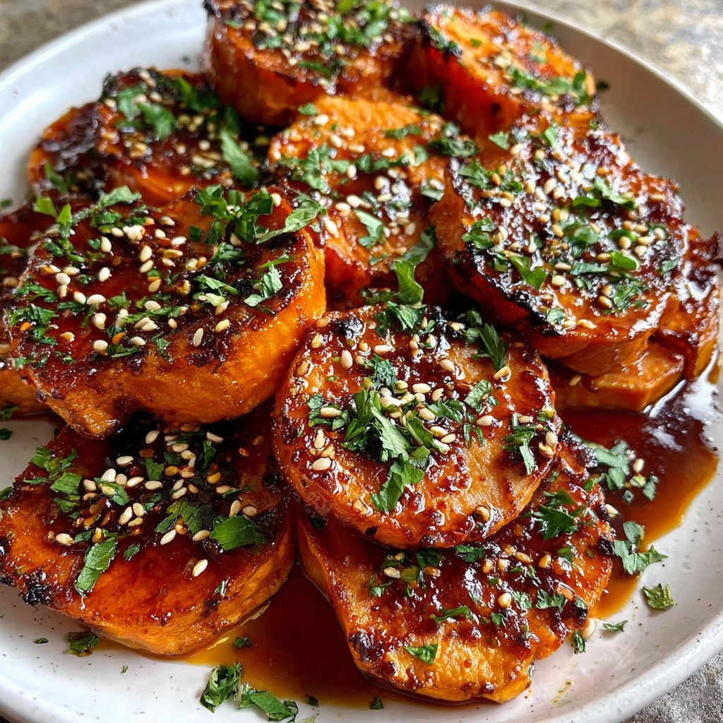 A plate of honey chili smashed sweet potatoes.