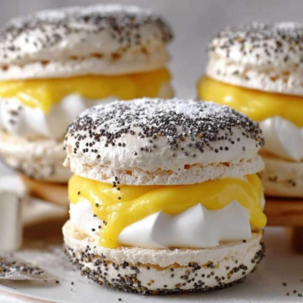 Three lemon and poppy seed meringue sandwiches.