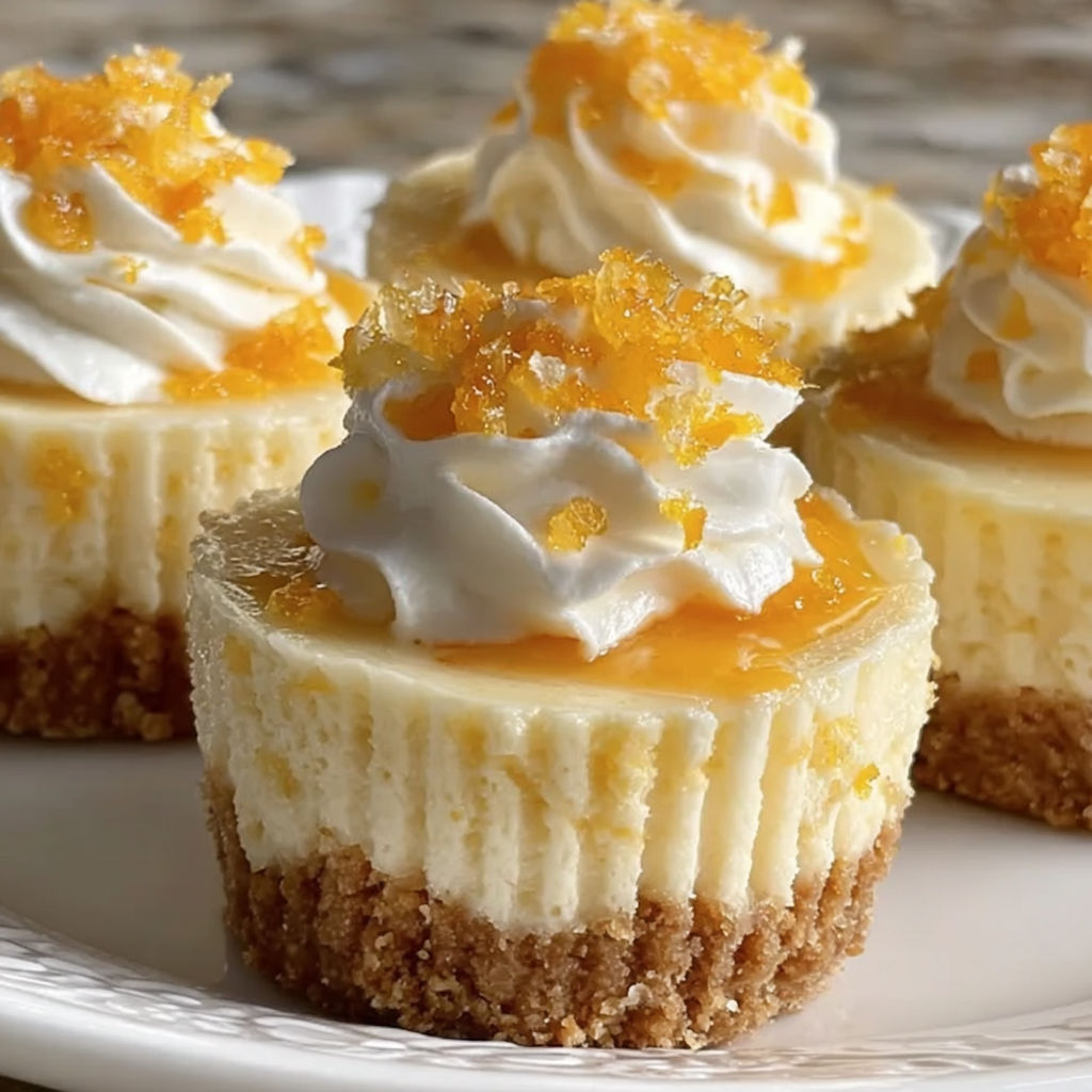 Three mini cheesecakes with orange cream and whipped cream on top.