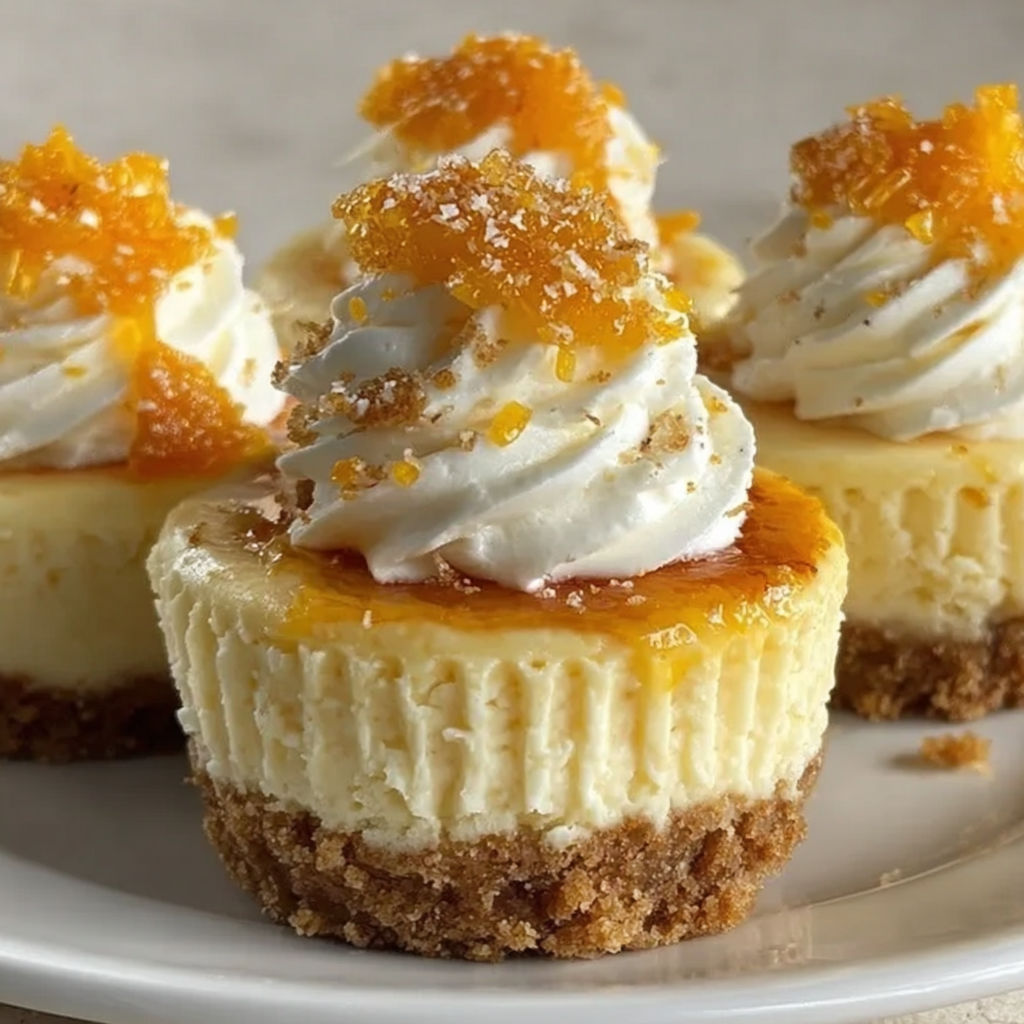 Three mini cheesecakes with orange toppings.