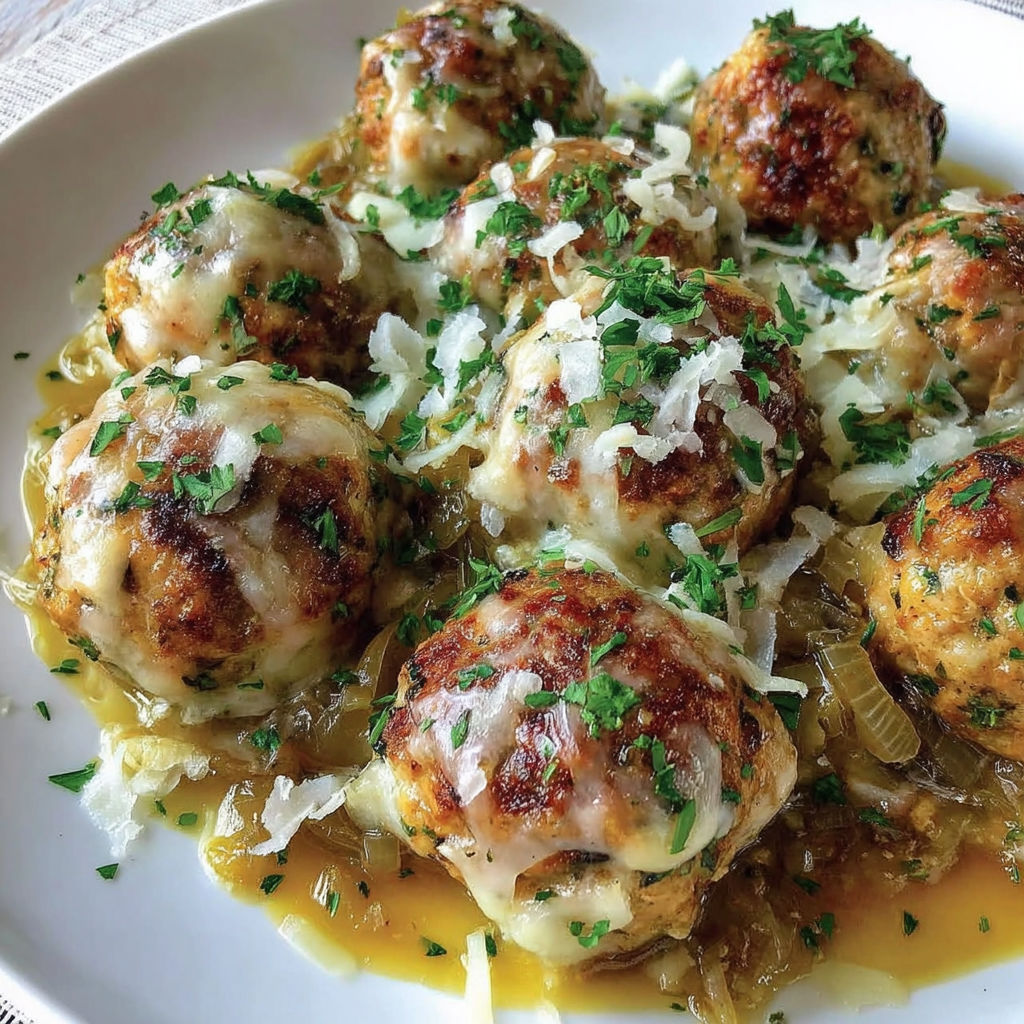 A plate of French onion chicken meatballs.