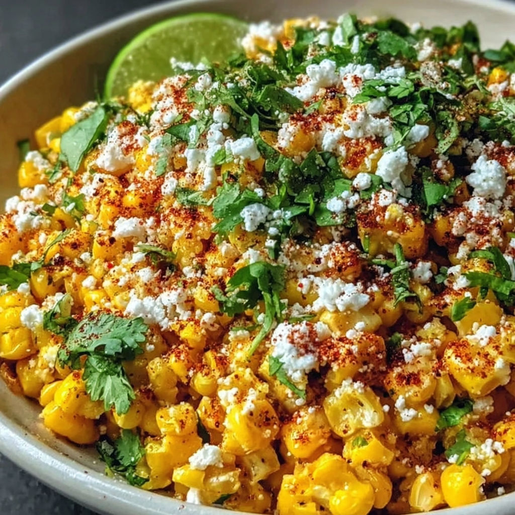 A bowl of Mexican street corn salad.
