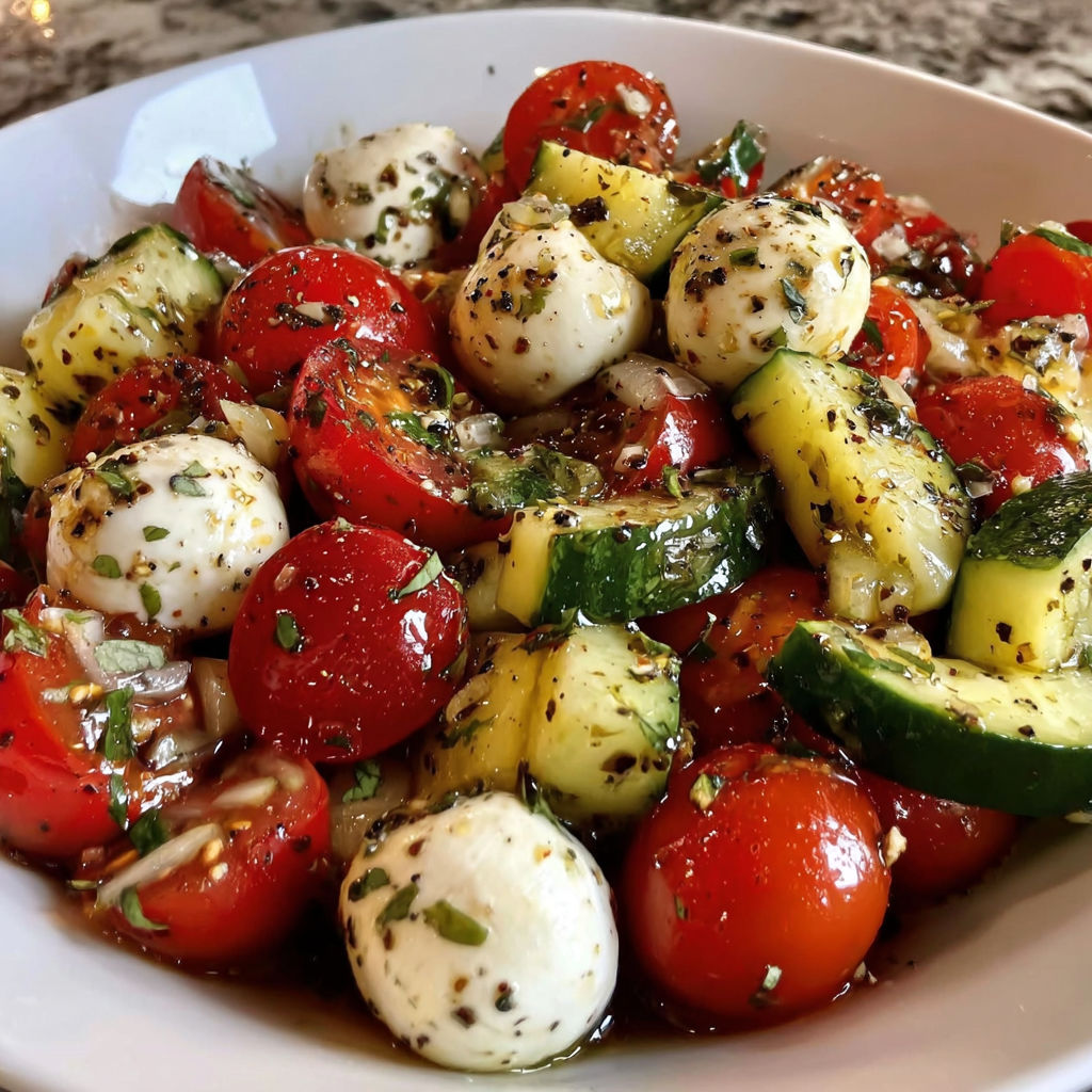 A white bowl filled with tomatoes, cucumbers, and mozzarella cheese.