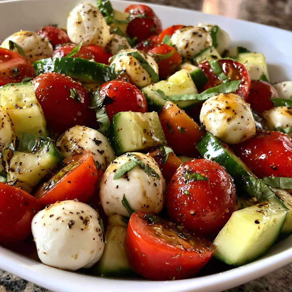 A bowl of salad with tomatoes, cucumbers, and mozzarella cheese.