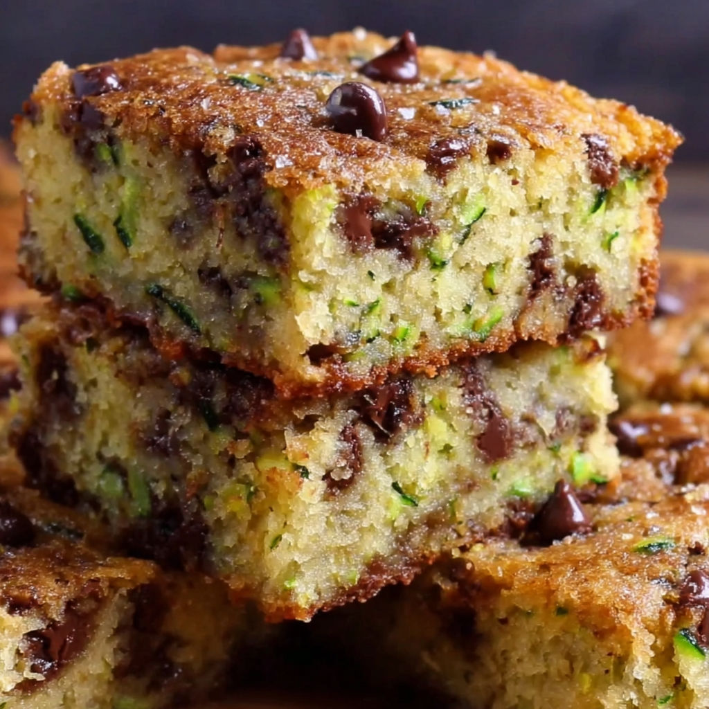 Chocolate chip zucchini bars stacked on a table.