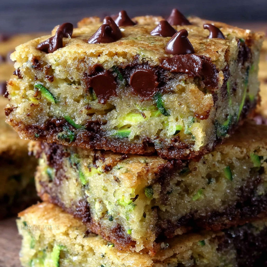 A stack of brownies with chocolate chips.