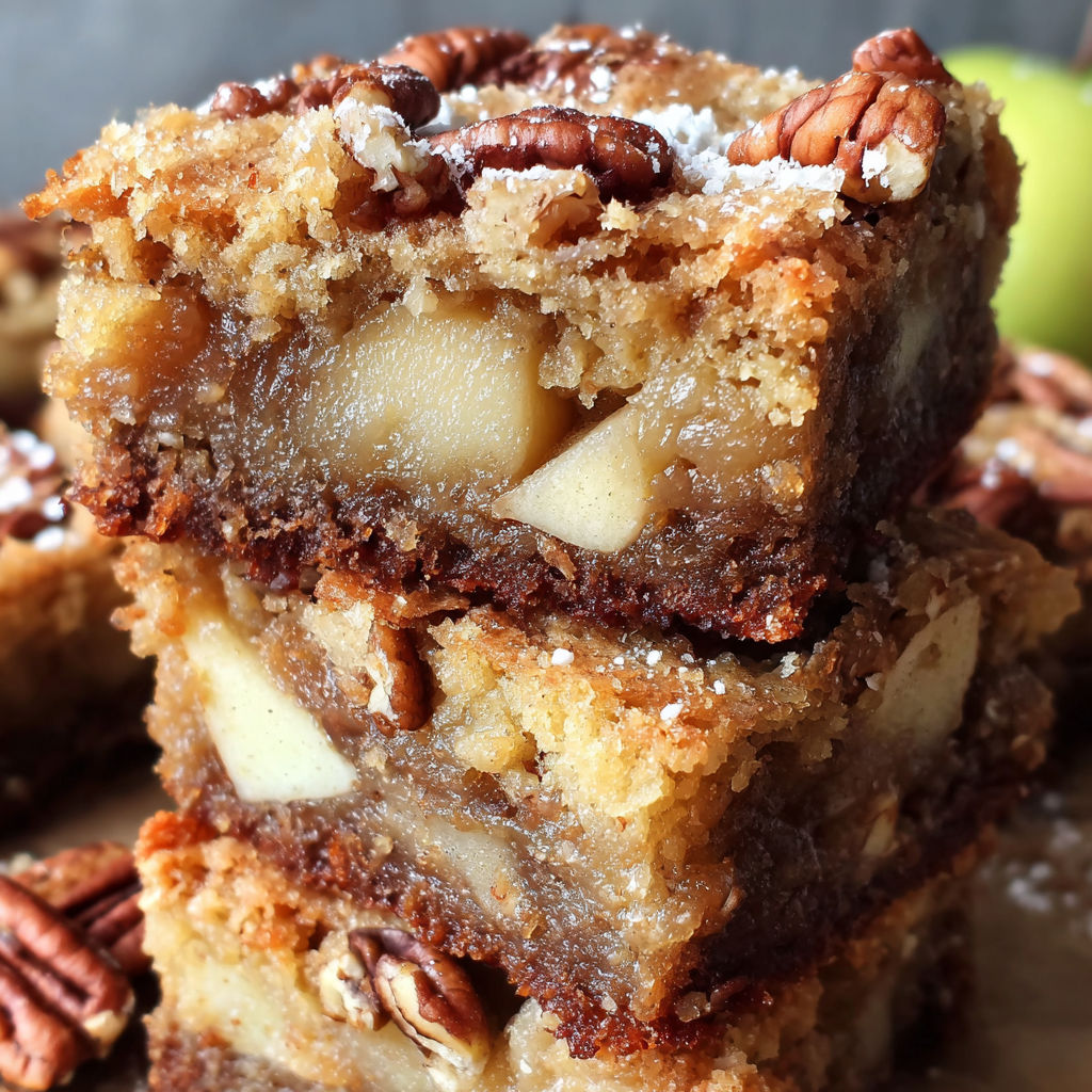 A stack of brownies with nuts on top.