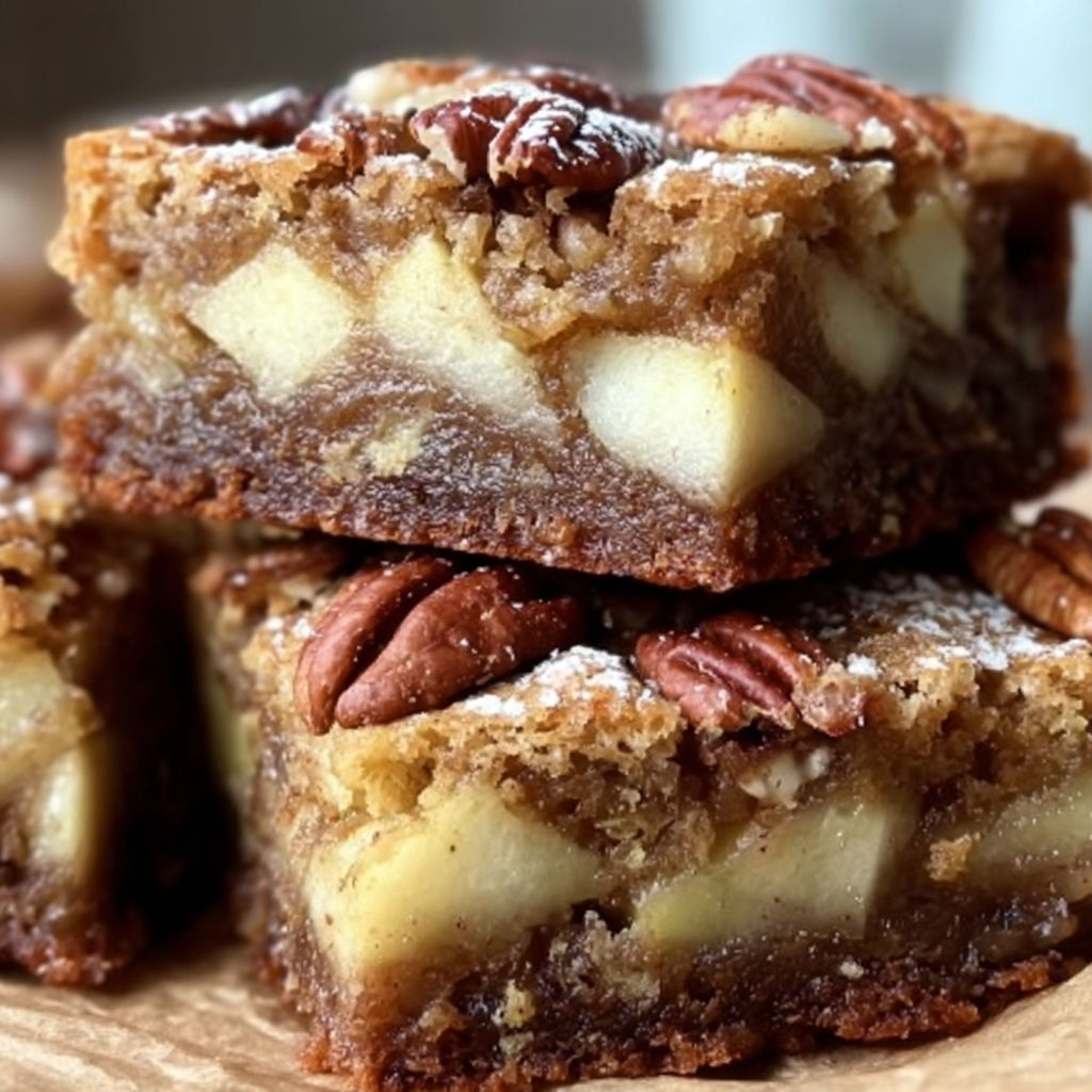 A stack of brownies with nuts on top.